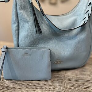 Coach Light Blue Leather Hobo Bag and matching wristlet wallet